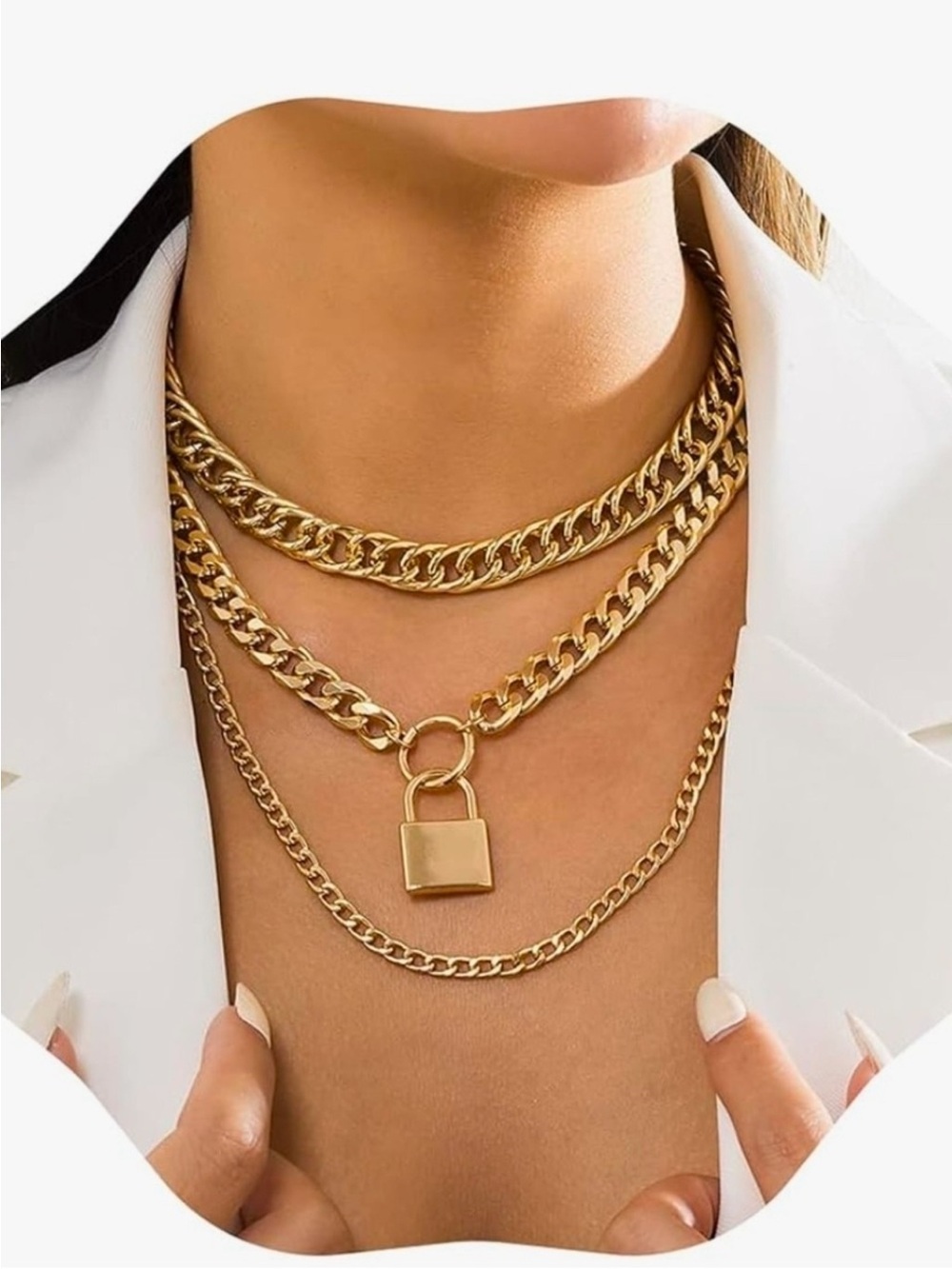 24k Gold Plated Layered Padlock Chain Necklace / 3 Piece Sets/ Gorgeous new
